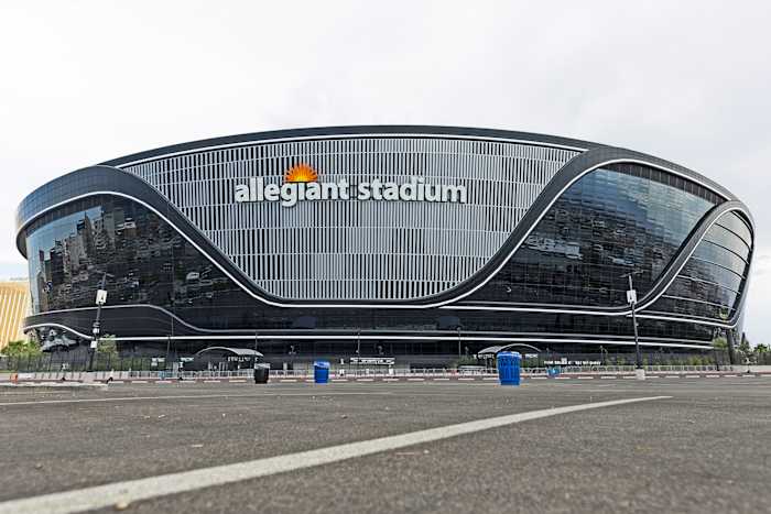 A view of Allegiant Stadium from the parking lot.